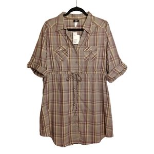 H&M Gray Tan Purple Plaid Print Button Front Drawstring Waist Dress 14 NWT